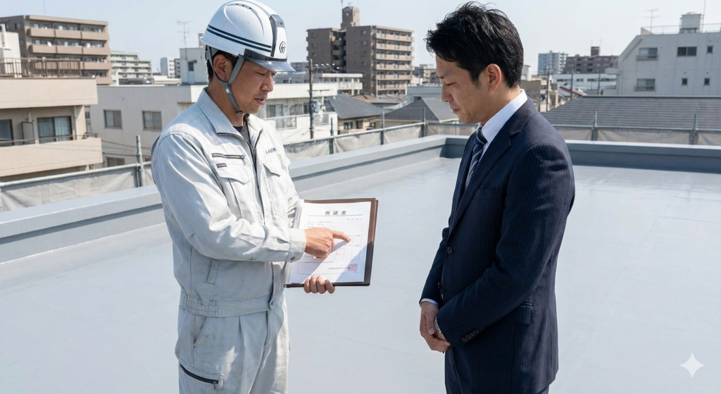 屋上で管理会社、施工会社打合せ