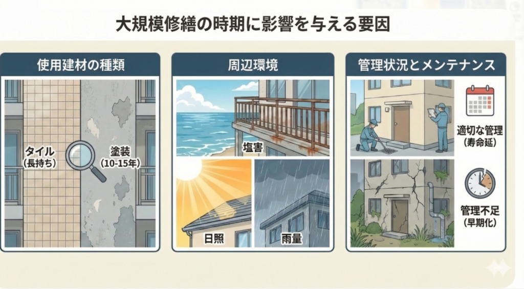 大規模修繕の時期に影響を与える要因　図解