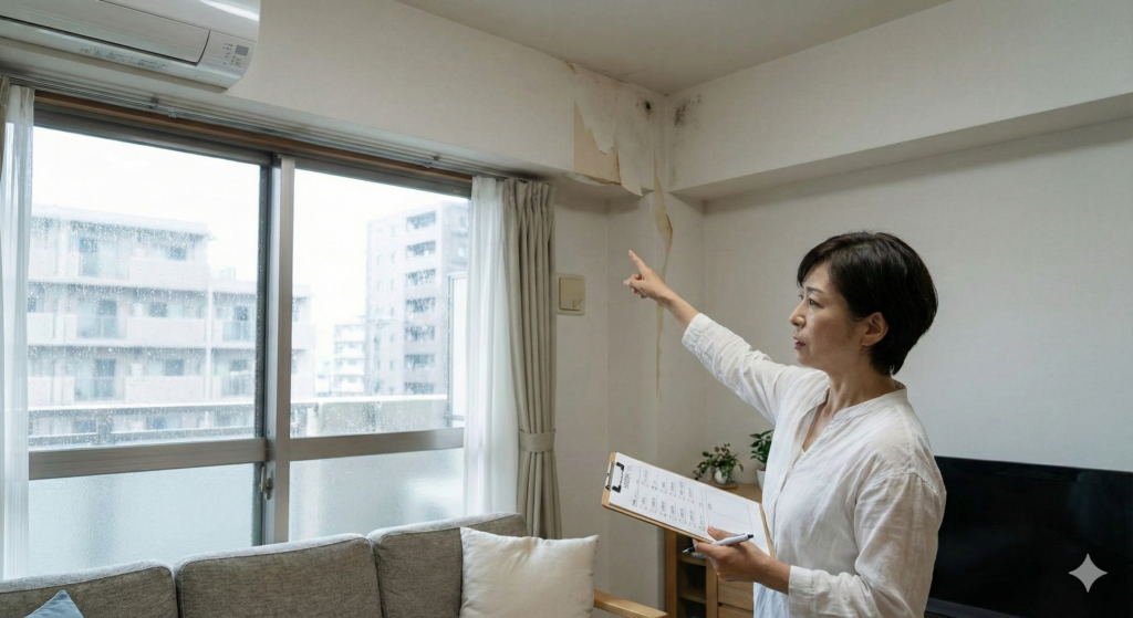 雨漏りして部屋の壁紙が剝がれている部屋