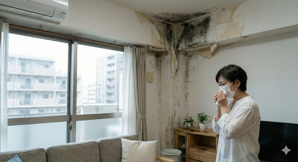 雨漏りしてカビが生えている部屋