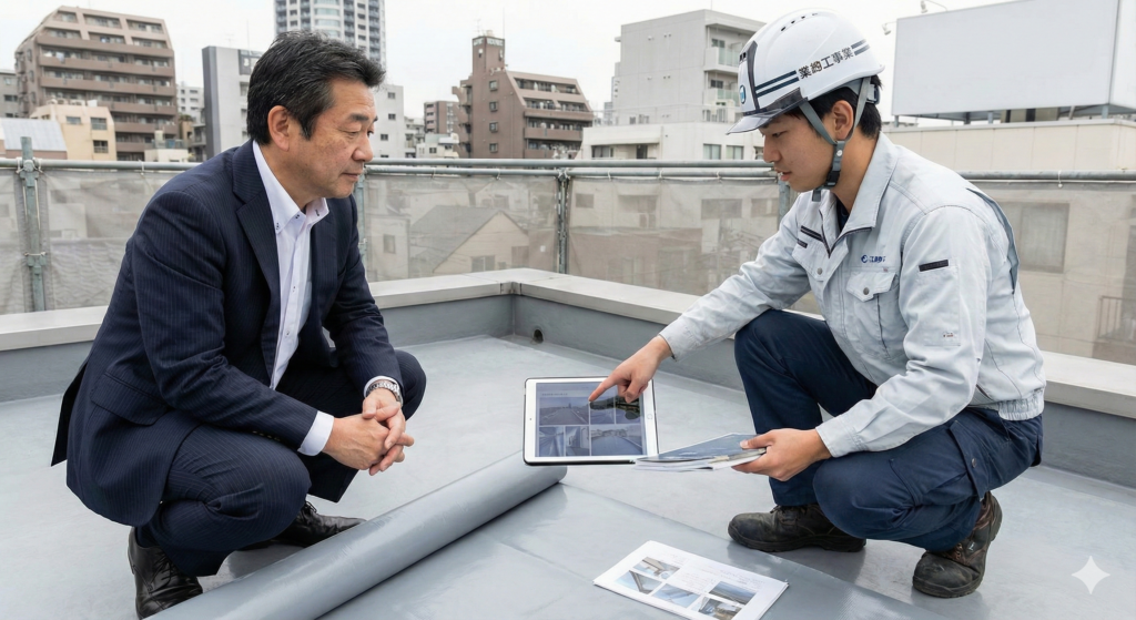 屋上で管理会社、施工会社打合せ
