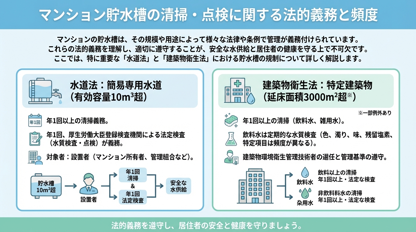 マンション貯水槽の清掃・点検に関する法的義務と頻度