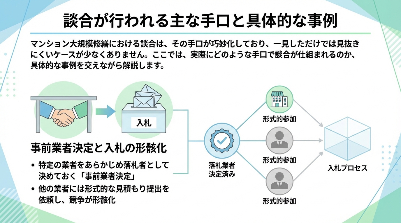 談合が行われる主な手口と具体的な事例