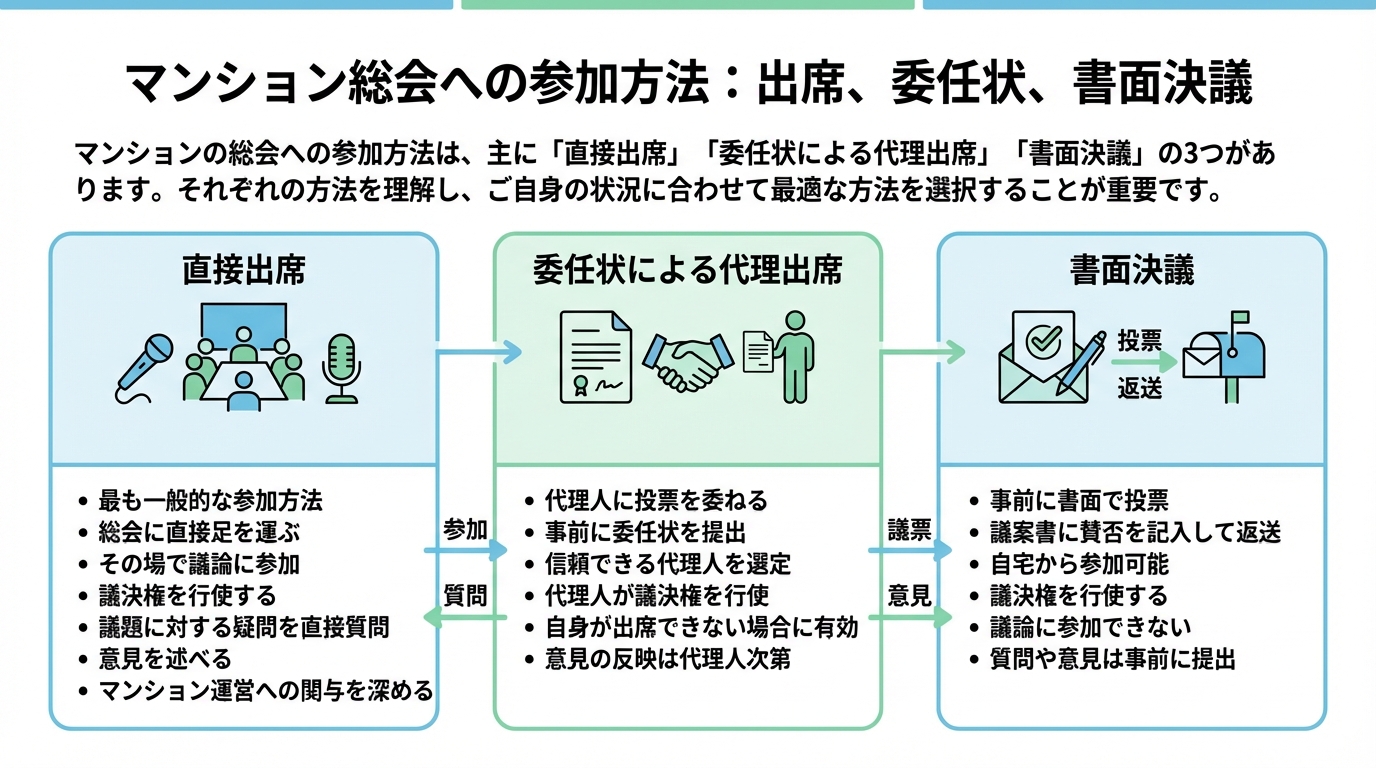 マンション総会への参加方法：出席、委任状、書面決議