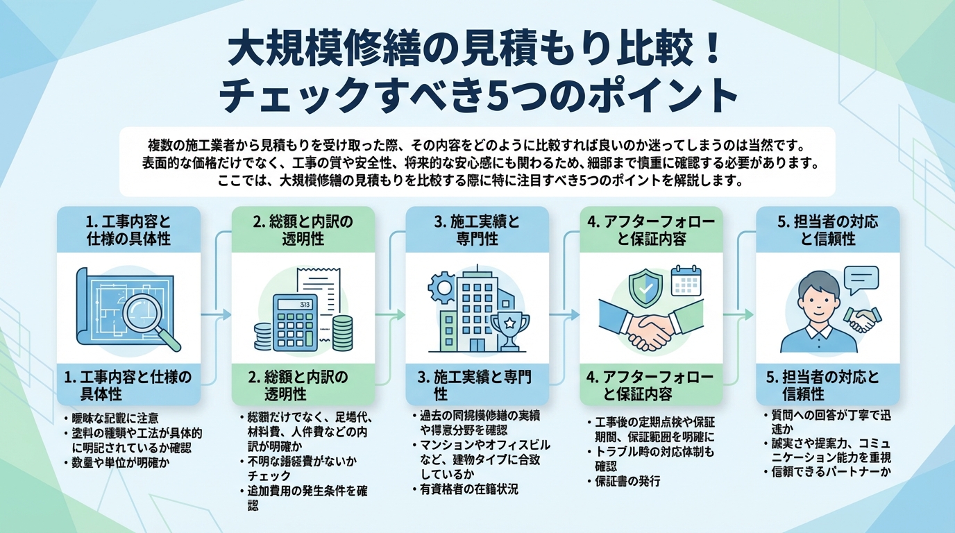 大規模修繕の見積もり比較！チェックすべき5つのポイント