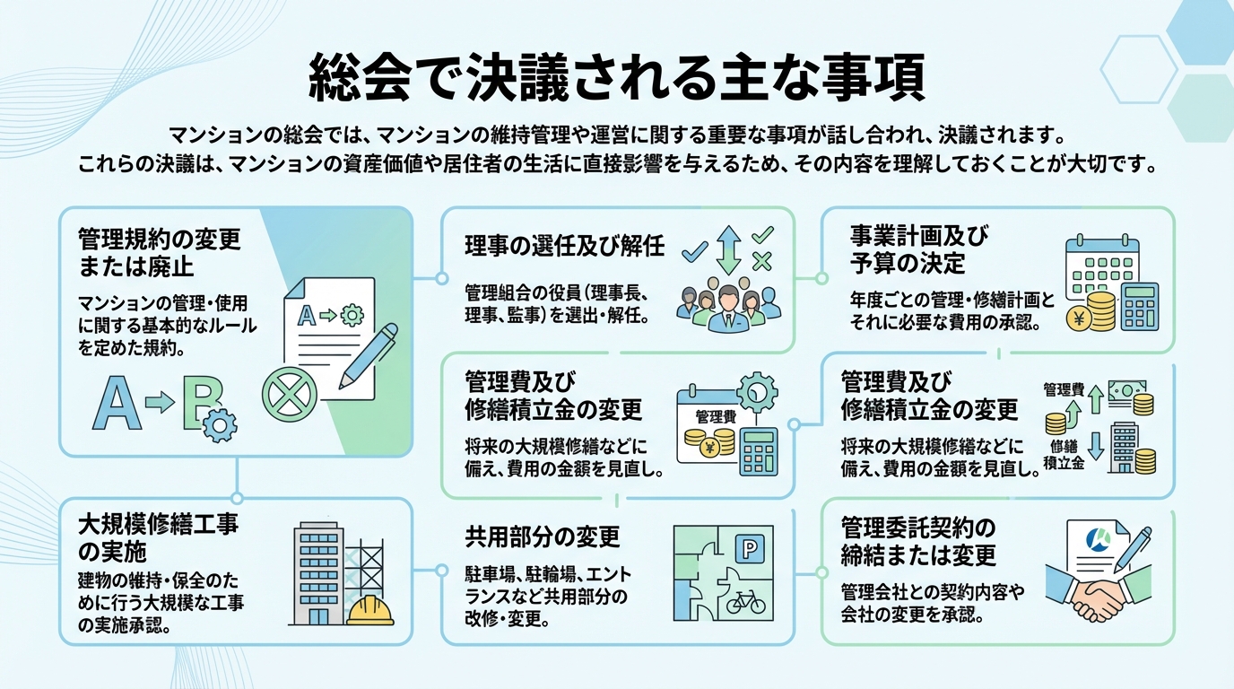 総会で決議される主な事項