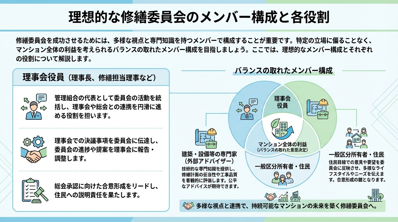 理想的な修繕委員会のメンバー構成と各役割