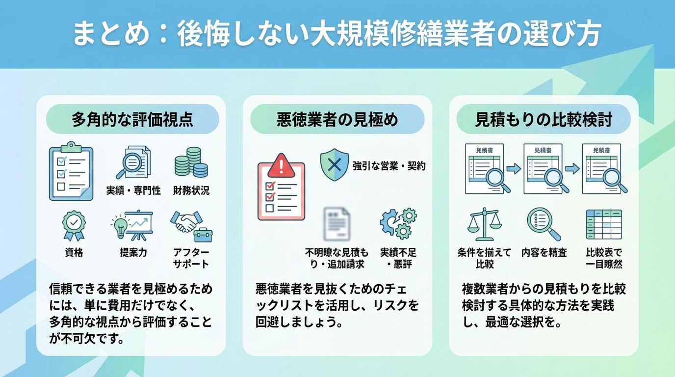 まとめ:後悔しない大規模修繕業者の選び方